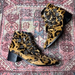 no label black brown leopard cheetah faux fur buckle ankle boots size 8